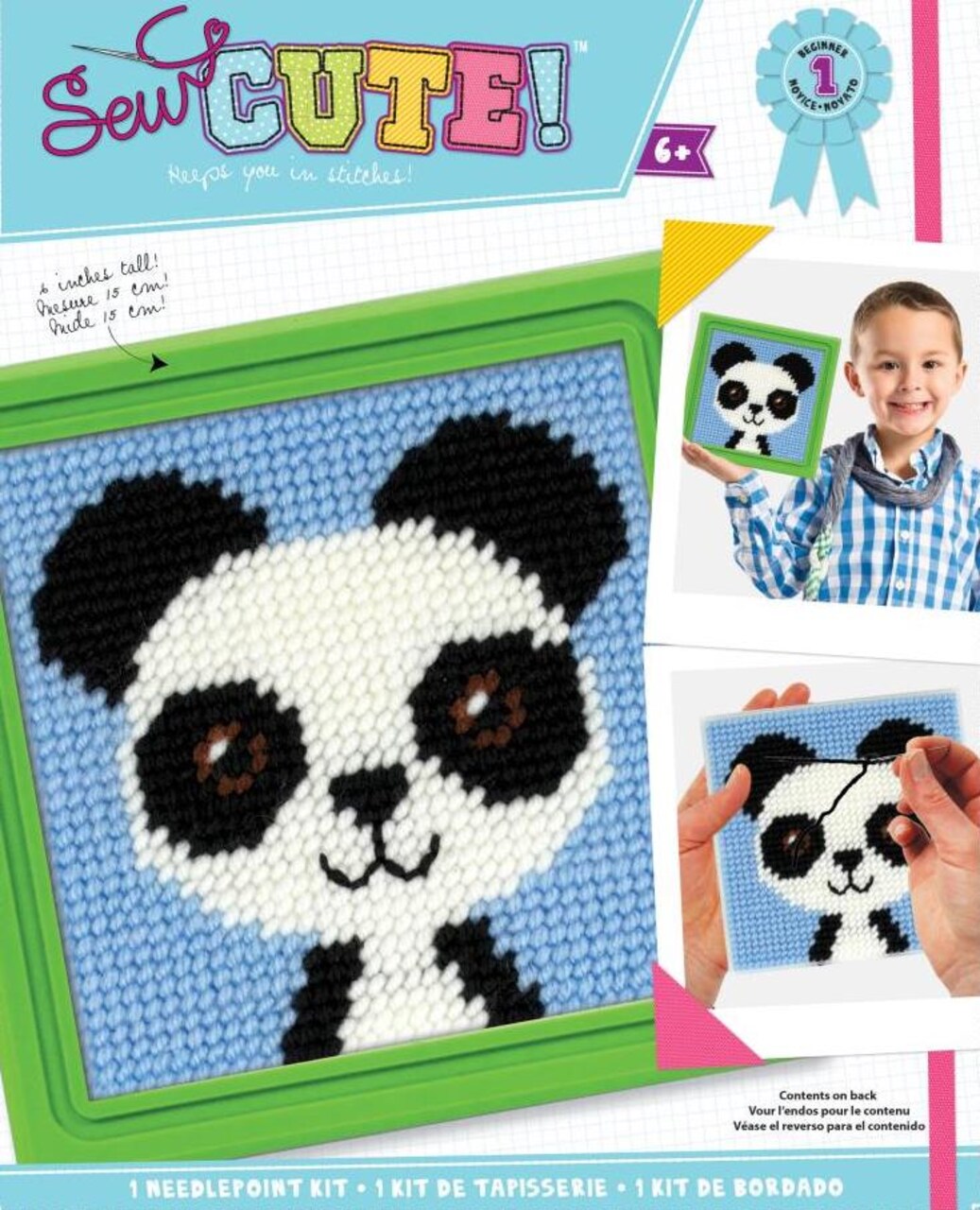 DIY Sew Cute Panda Bear Kids Beginner Needlepoint Kit with Frame 6" x 6"